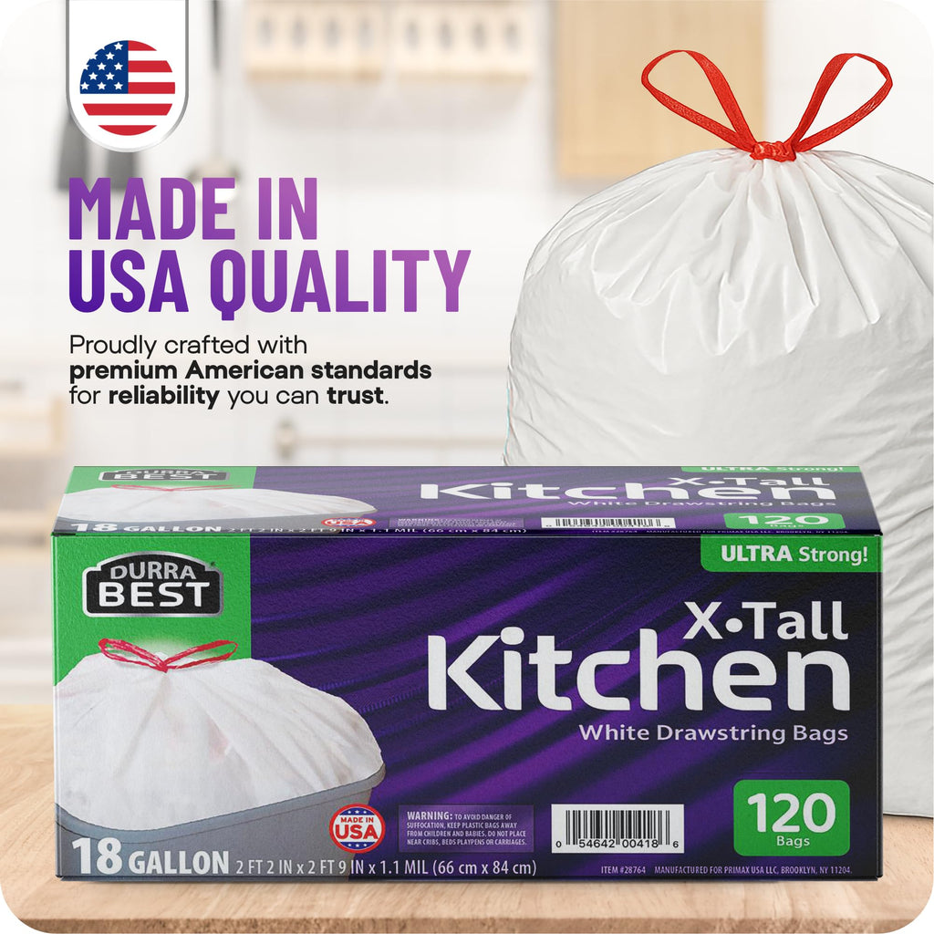 120 Count 18 Gallon White Heavy-Duty Drawstring Trash Bags J835802