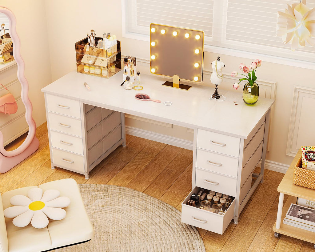 55 Inch Computer Desk with 8 Fabric Drawers White U6312