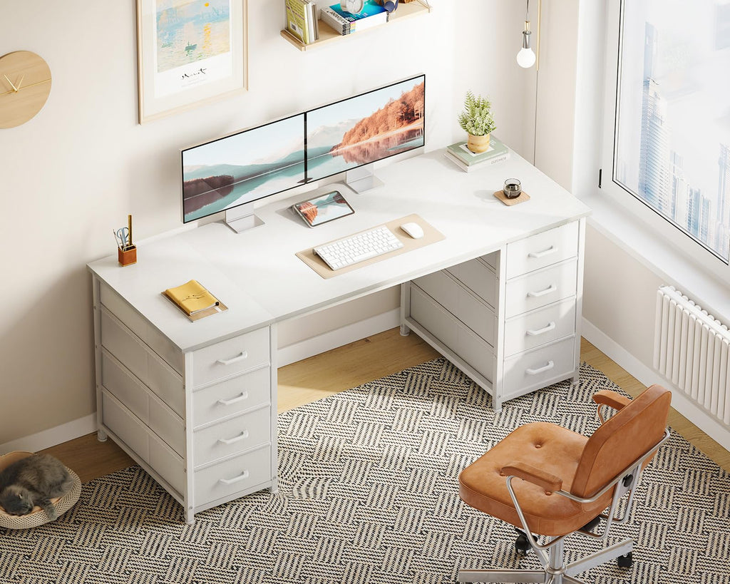 55 Inch Computer Desk with 8 Fabric Drawers White U6312