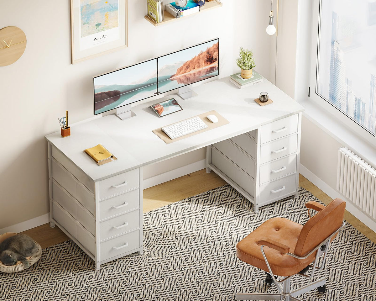 55 Inch Computer Desk with 8 Fabric Drawers White U6312