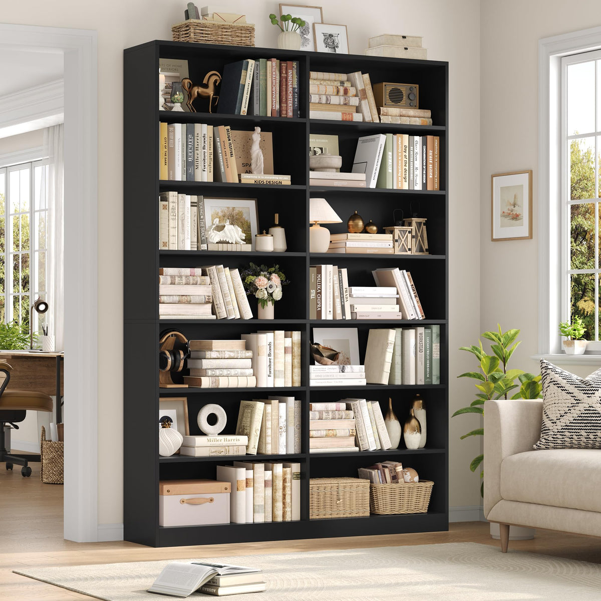83.7" Tall 7-Tier Double Black Bookshelf and Bookcase A72626