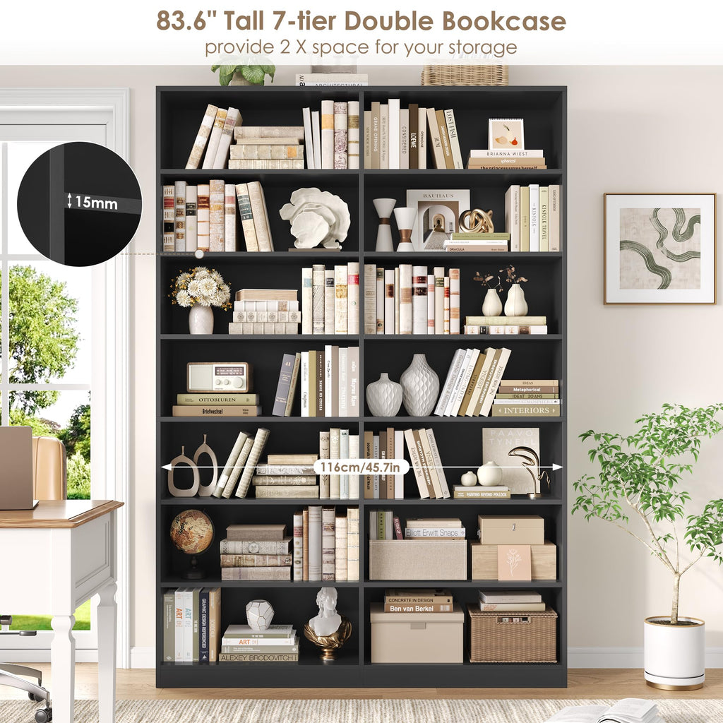 83.7" Tall 7-Tier Double Black Bookshelf and Bookcase A72626