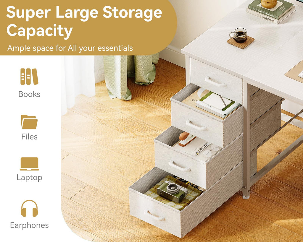 55 Inch Computer Desk with 8 Fabric Drawers White U6312