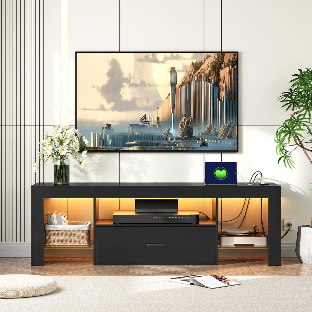 Black Glass Shelf TV Stand with Outlets and Drawer Z281
