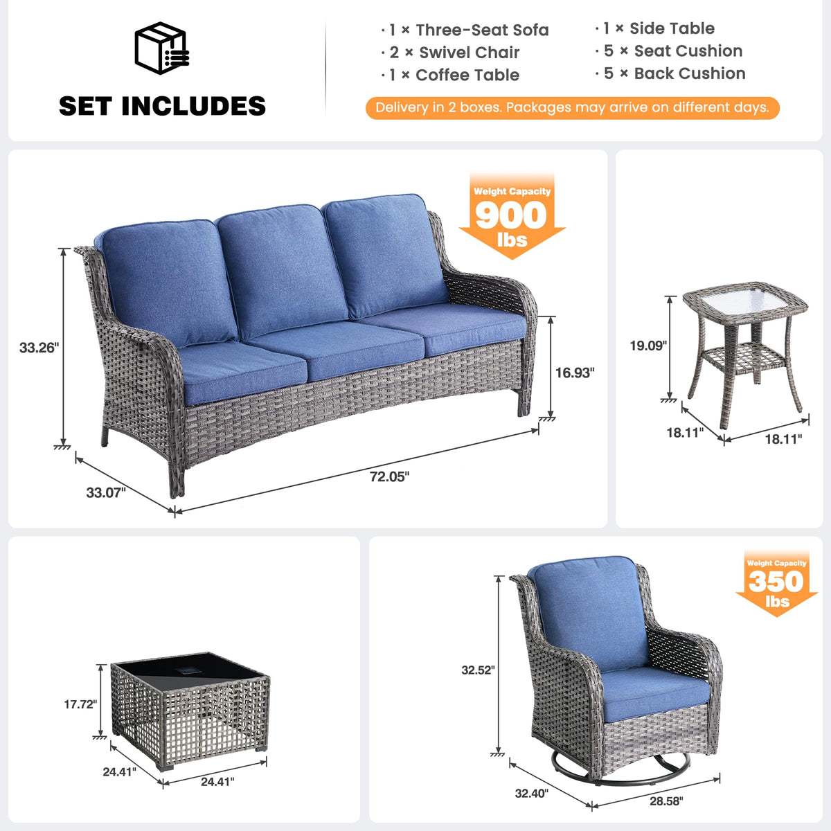 5-Piece Outdoor Wicker Sofa Set with Swivel Chairs T4651