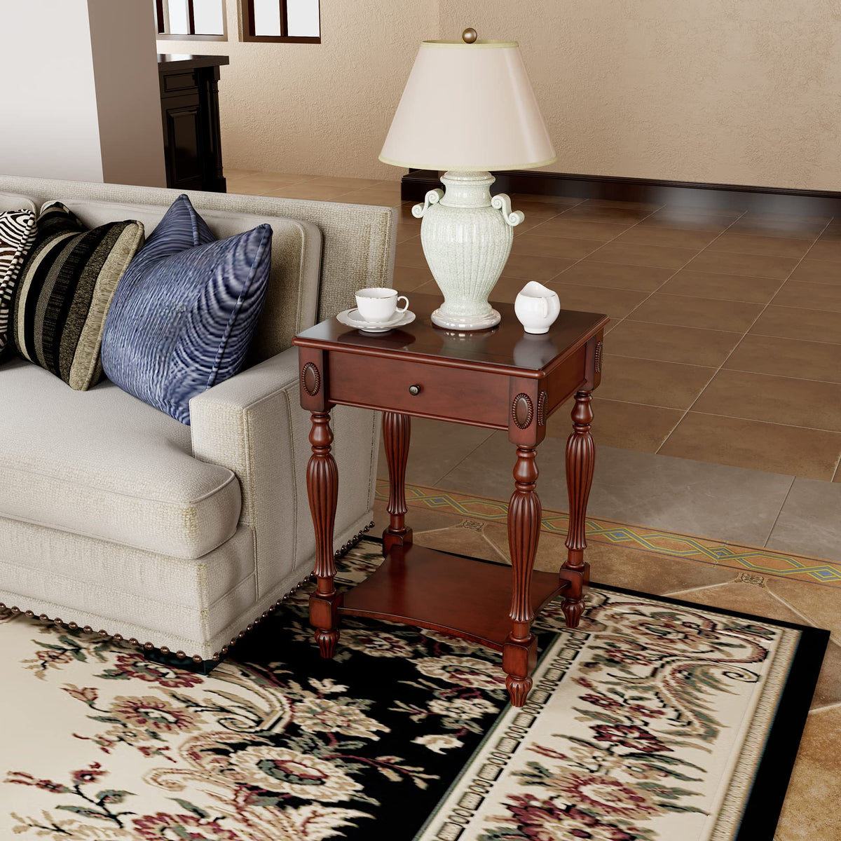 Wood End Table with Drawer and Storage Shelf H2308