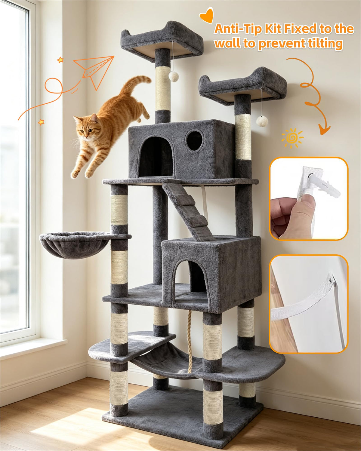 70" Cat Tree with 2 Condos and Wide Perches, Gray I3051