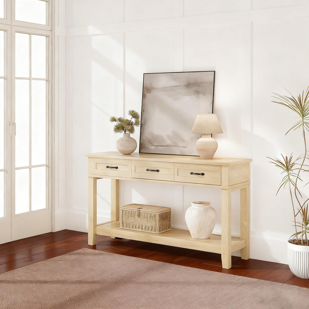 Light Oak 3 Drawer Console Table with Open Storage Shelf W346883