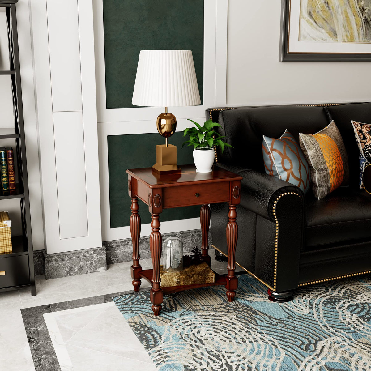 Wood End Table with Drawer and Storage Shelf H2308