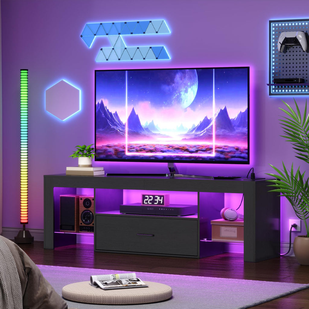 Black Glass Shelf TV Stand with Outlets and Drawer Z281