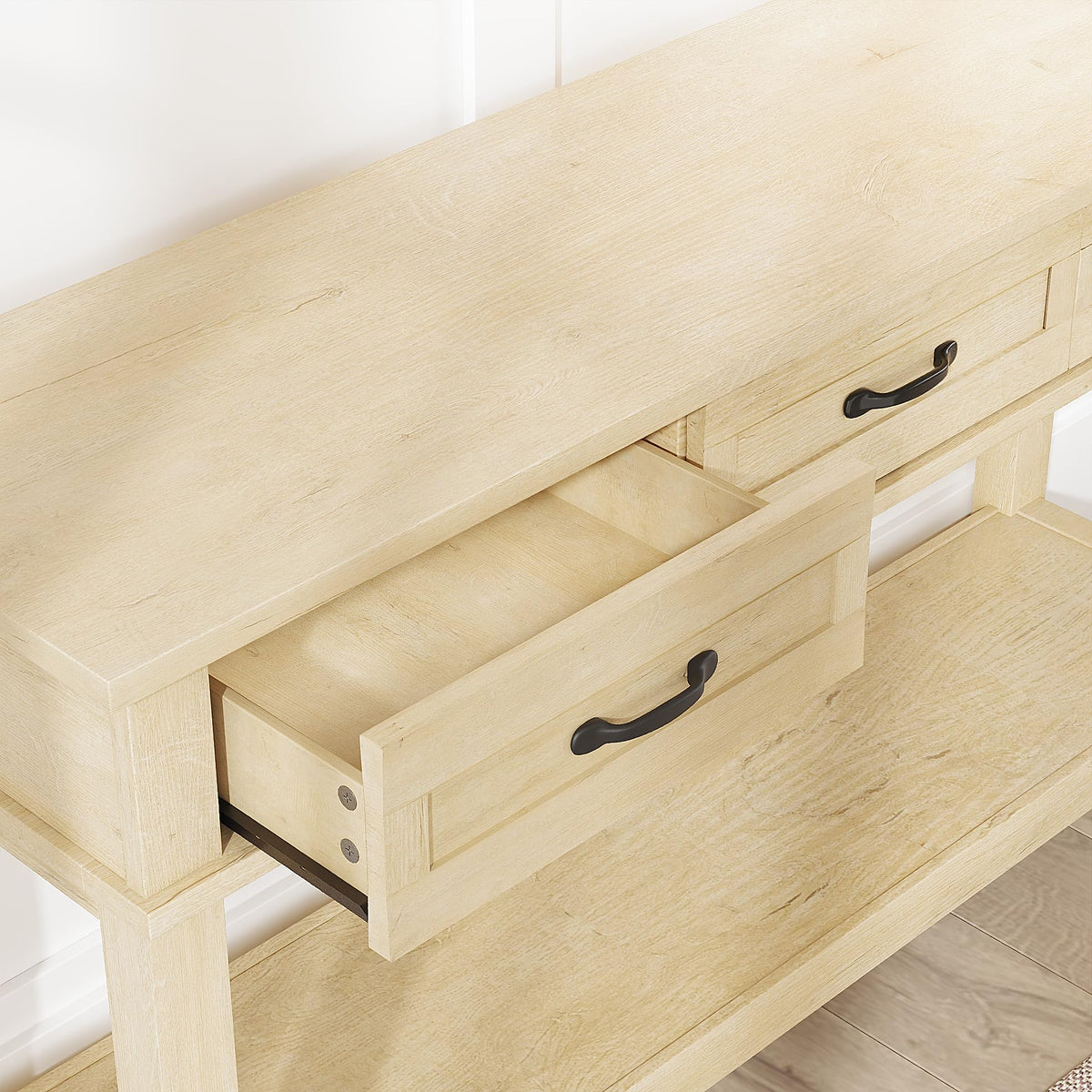 Light Oak 3 Drawer Console Table with Open Storage Shelf W346883