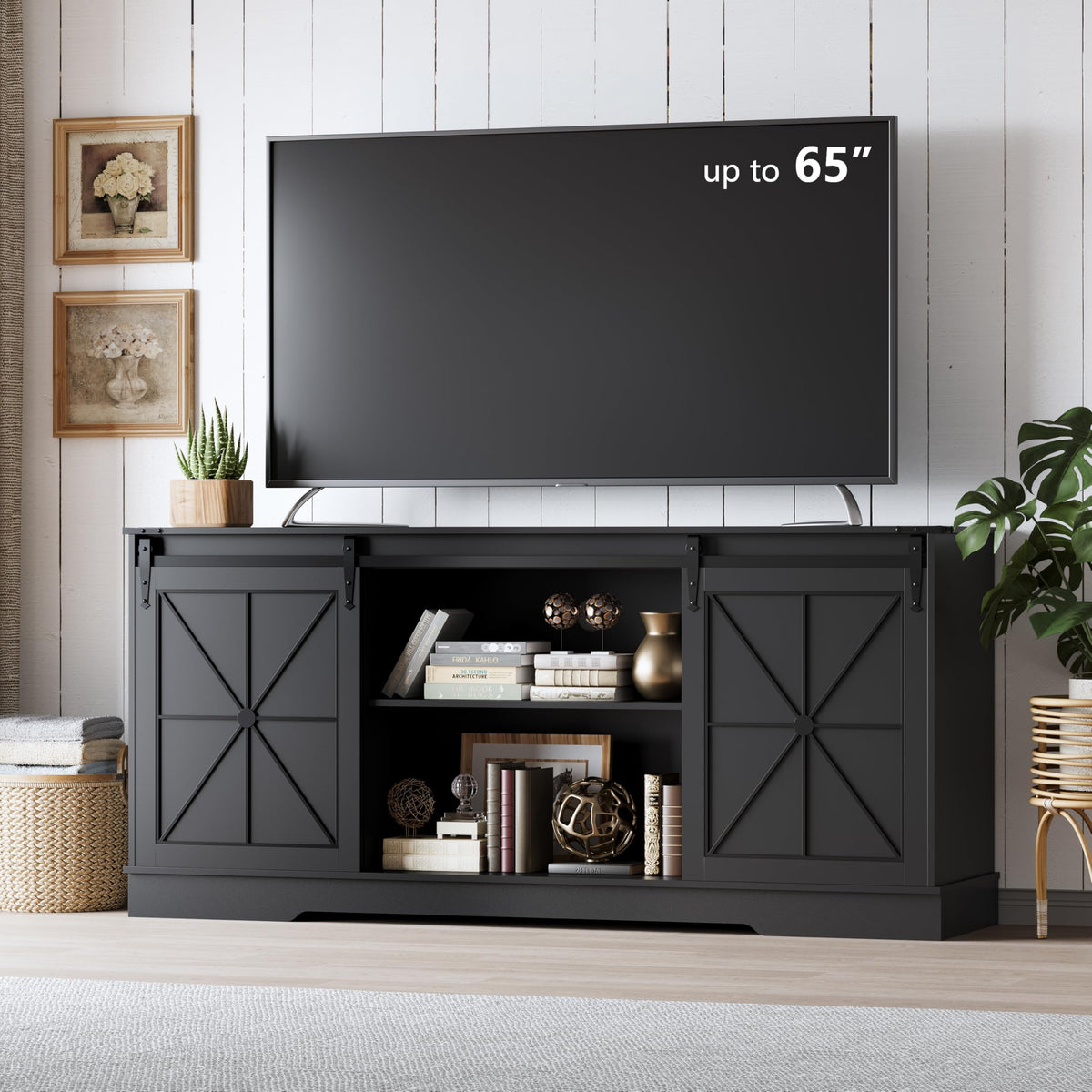 Black Farmhouse TV Stand with Storage Cabinets & Sliding Barn Doors D6263