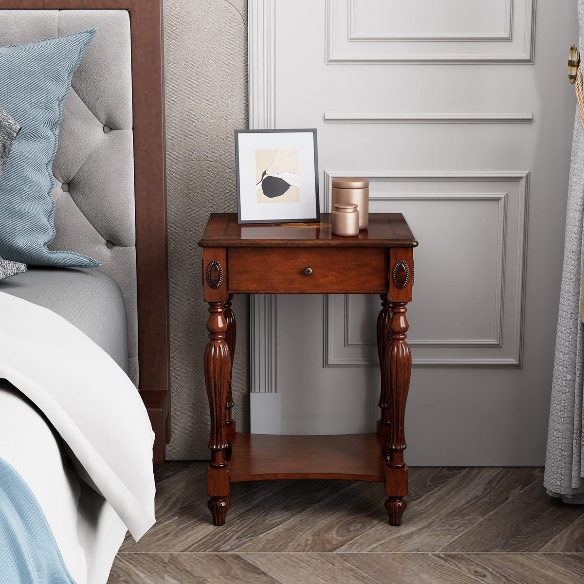 Wood End Table with Drawer and Storage Shelf H2308