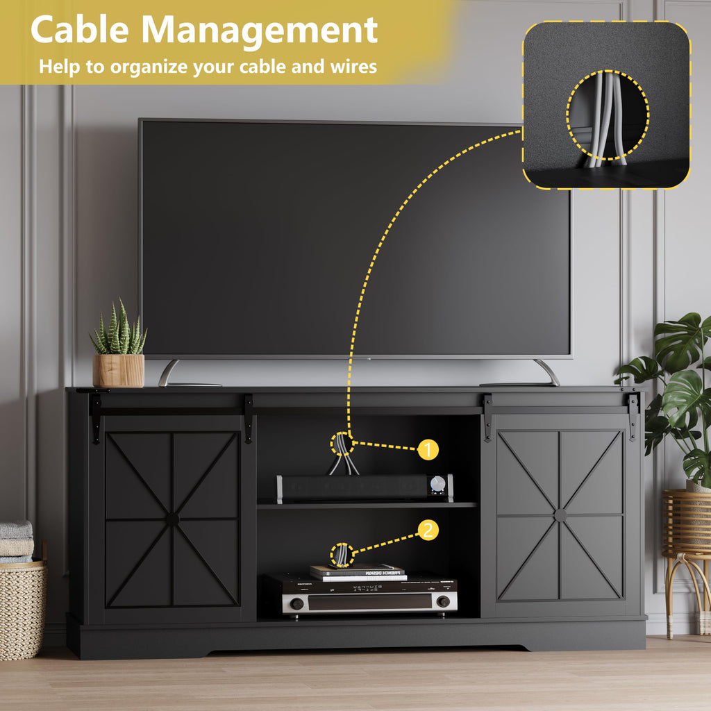 Black Farmhouse TV Stand with Storage Cabinets & Sliding Barn Doors D6263