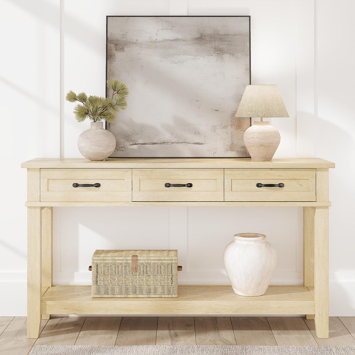 Light Oak 3 Drawer Console Table with Open Storage Shelf W346883