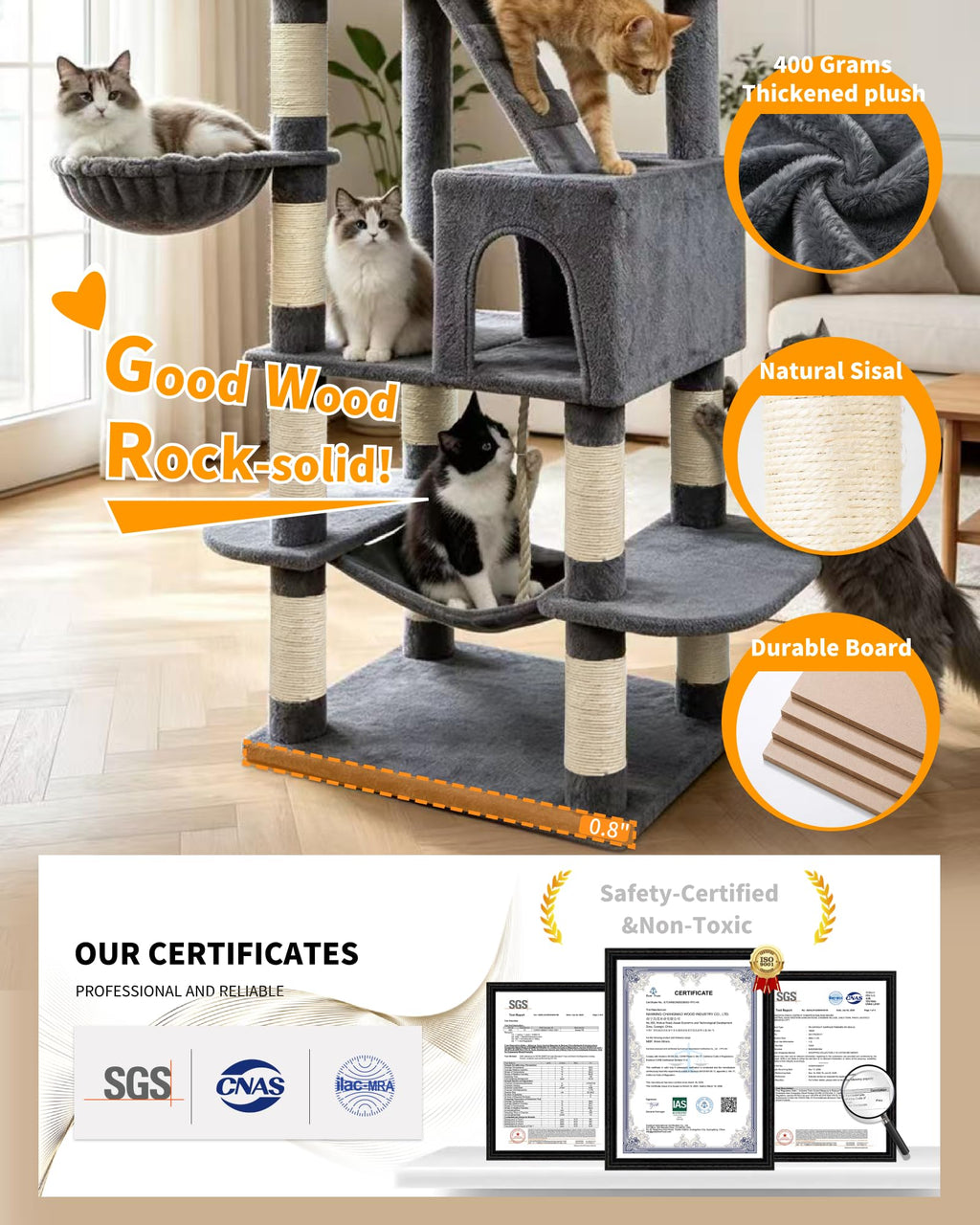 70" Cat Tree with 2 Condos and Wide Perches, Gray I3051
