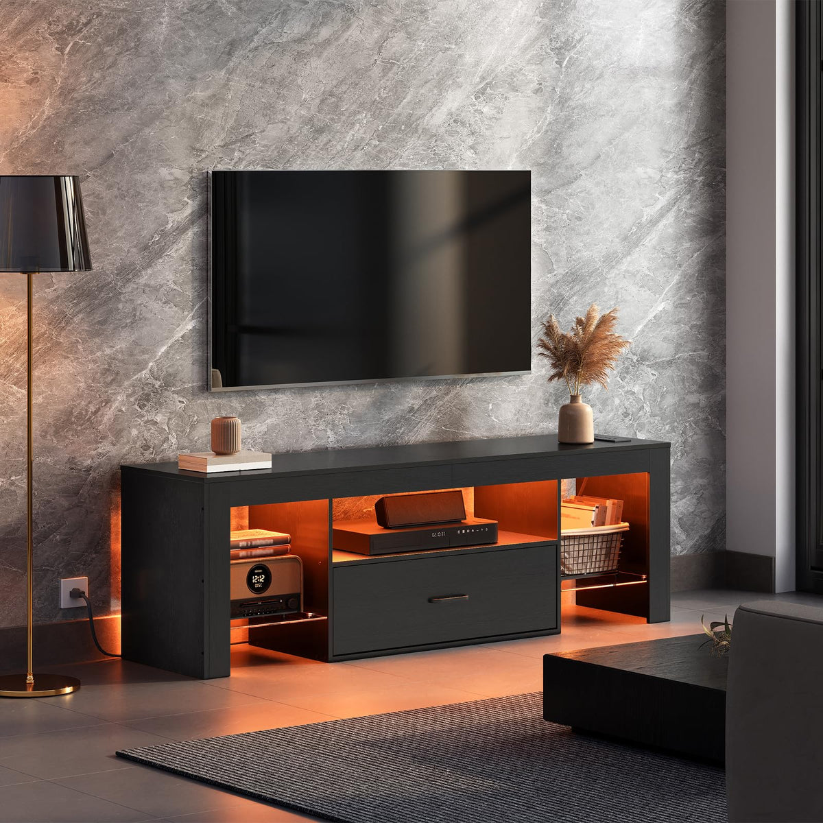Black Glass Shelf TV Stand with Outlets and Drawer Z281