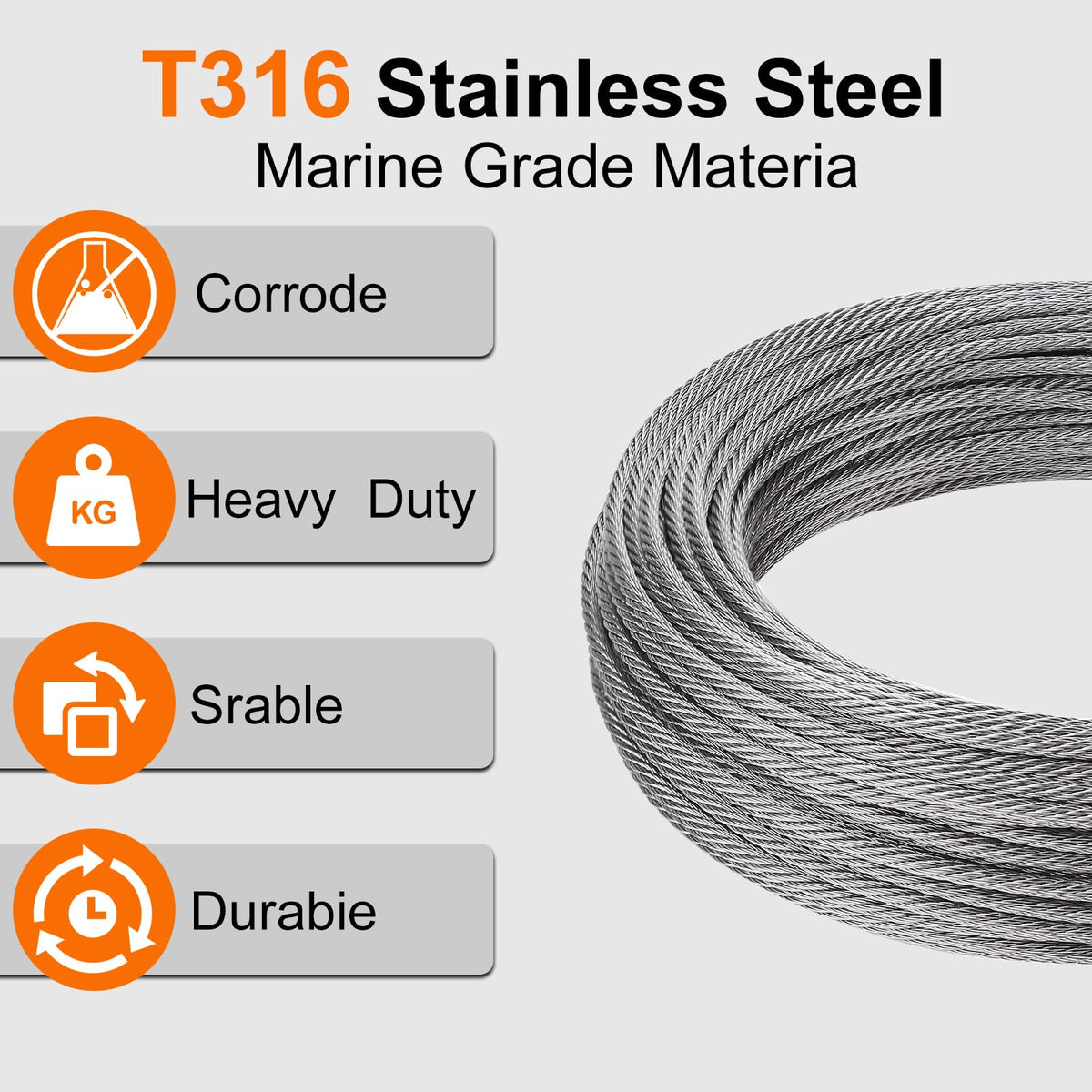 1/8 Stainless Steel Cable 200ft T316 Wire Rope with 8" Cutter Z782