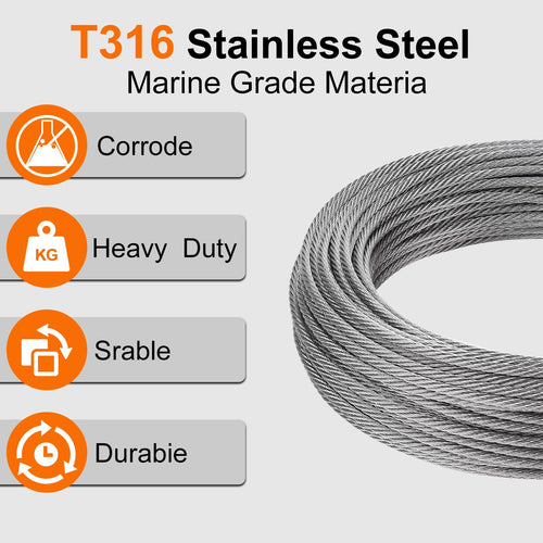 1/8 Stainless Steel Cable 200ft T316 Wire Rope with 8" Cutter Z782