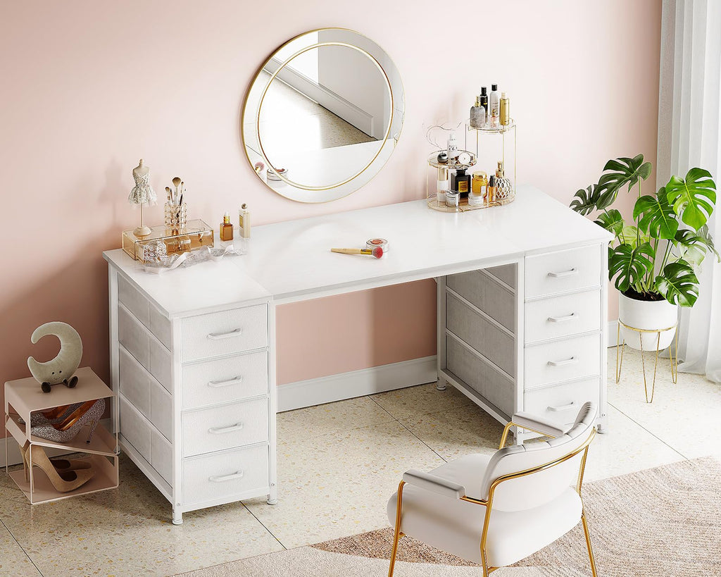 55 Inch Computer Desk with 8 Fabric Drawers White U6312
