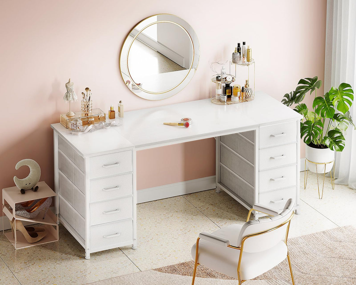 55 Inch Computer Desk with 8 Fabric Drawers White U6312