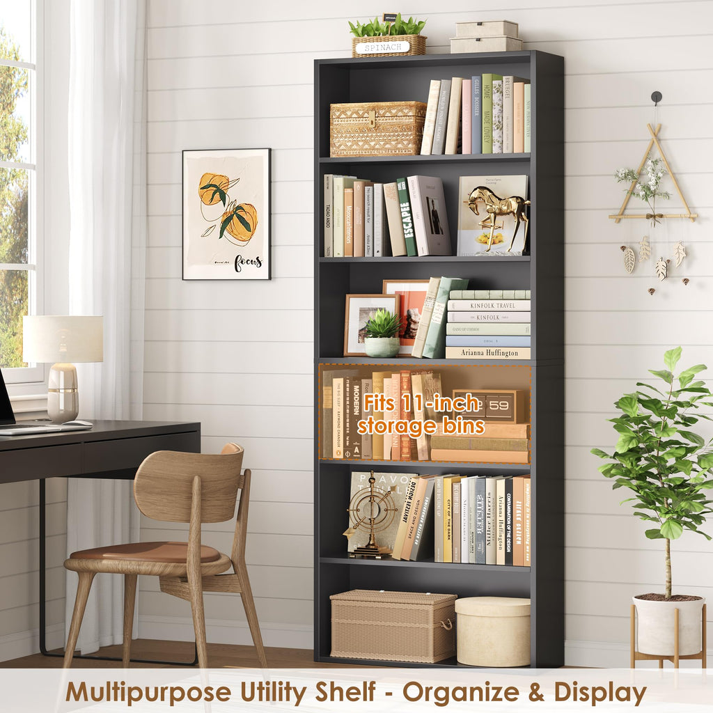 6 Tier Tall Black Bookshelf and Bookcase D7587