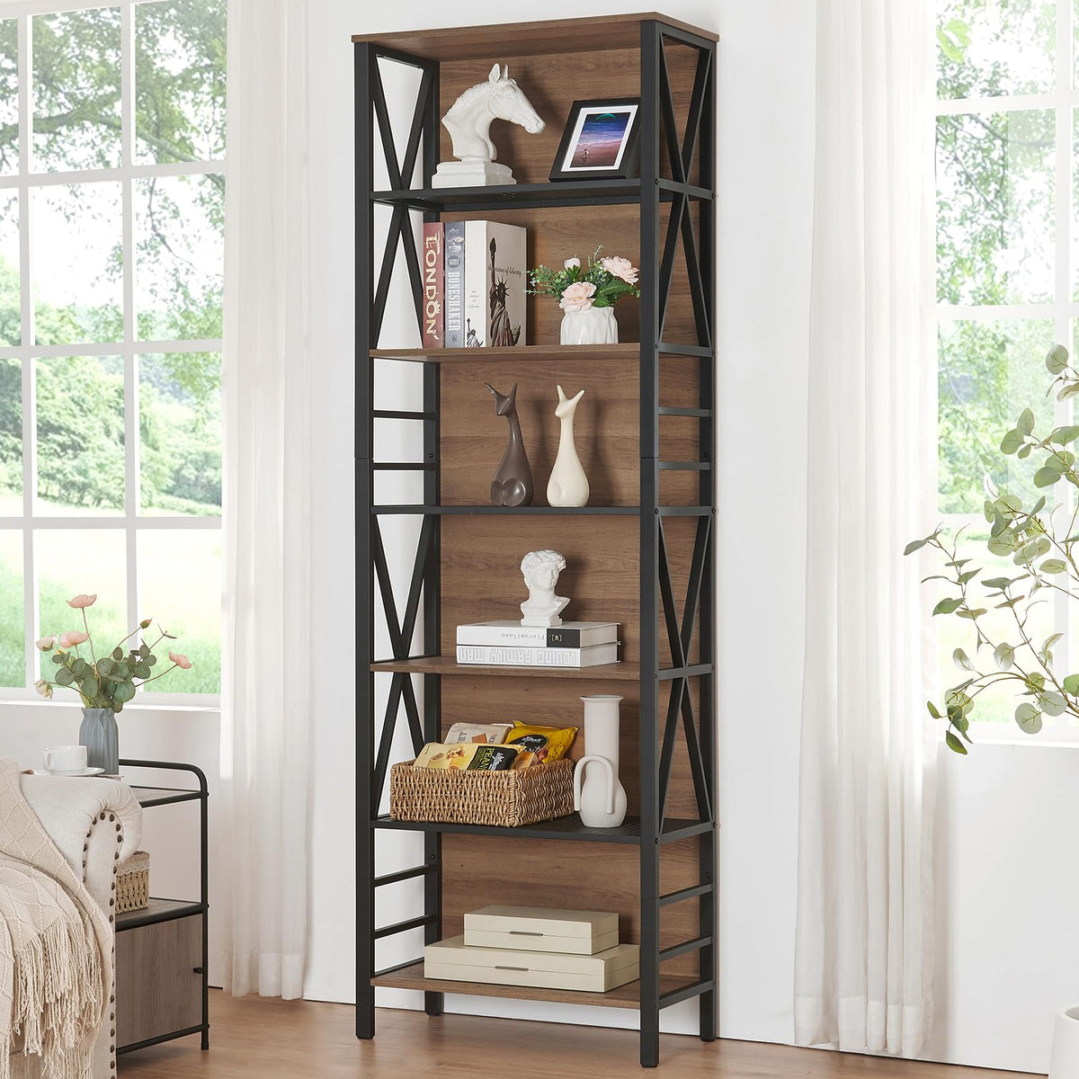 7-Tier Rustic Wood Metal Bookshelf P656