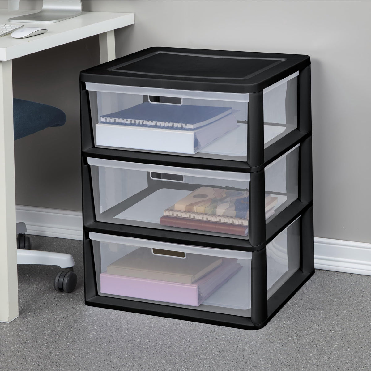 Wide Plastic 3-Drawer Storage Tower with Removable Clear Drawers B495