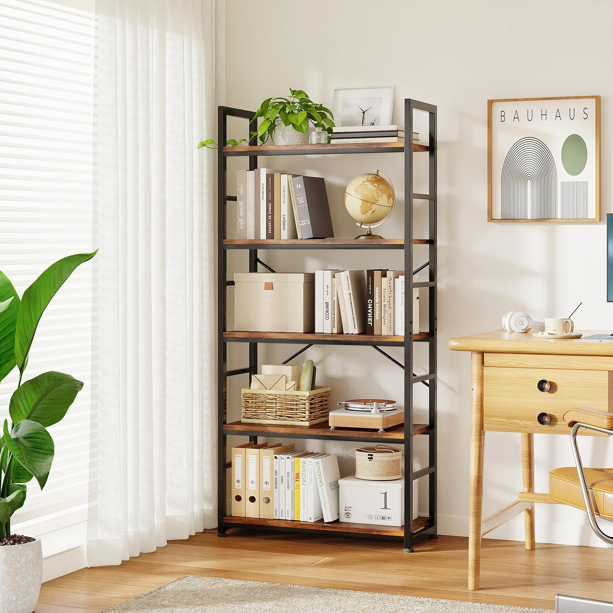 32 Inch 5-Tier Wood Metal Bookshelf B323