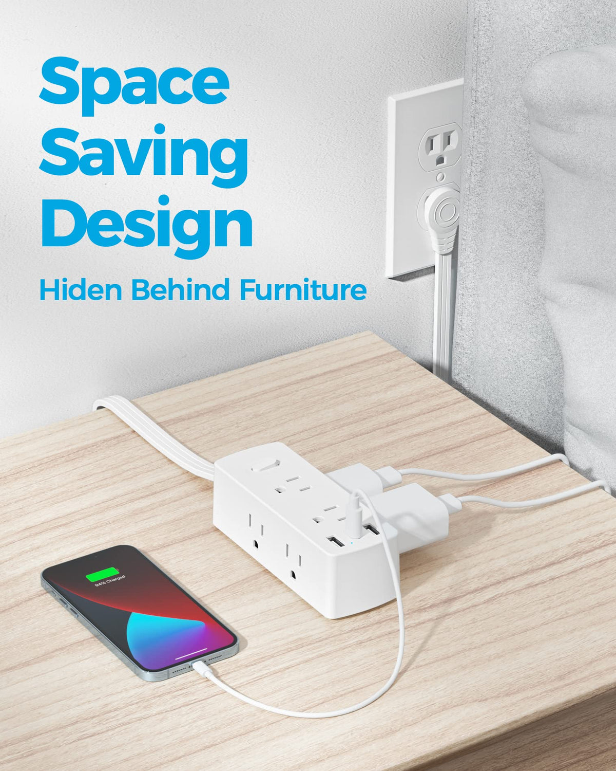 Flat Plug Power Strip with 5 FT Extension Cord, 6 Outlets 3 USB Ports, White H9883