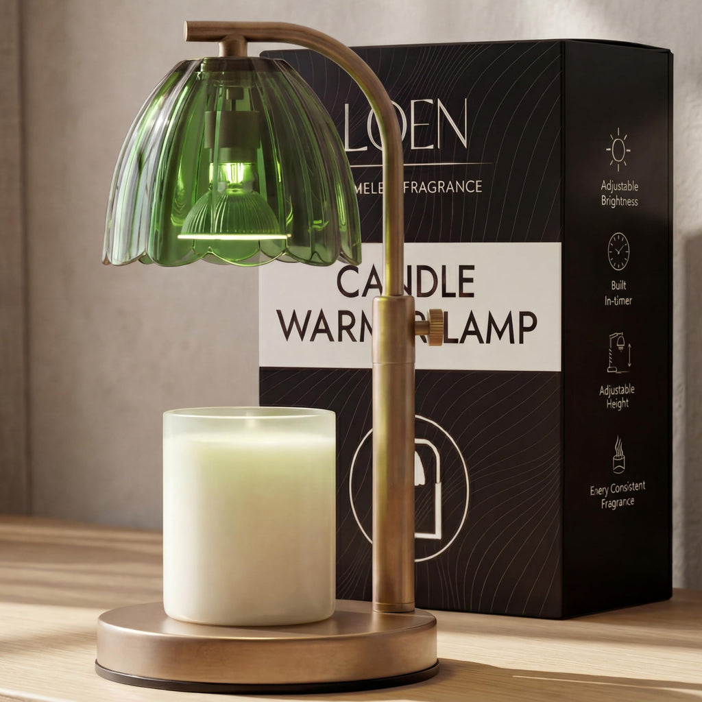 Scalloped Glass Candle Warmer Lamp with Timer, Dimmable, Adjustable Height, Gold Metal, Green T9339