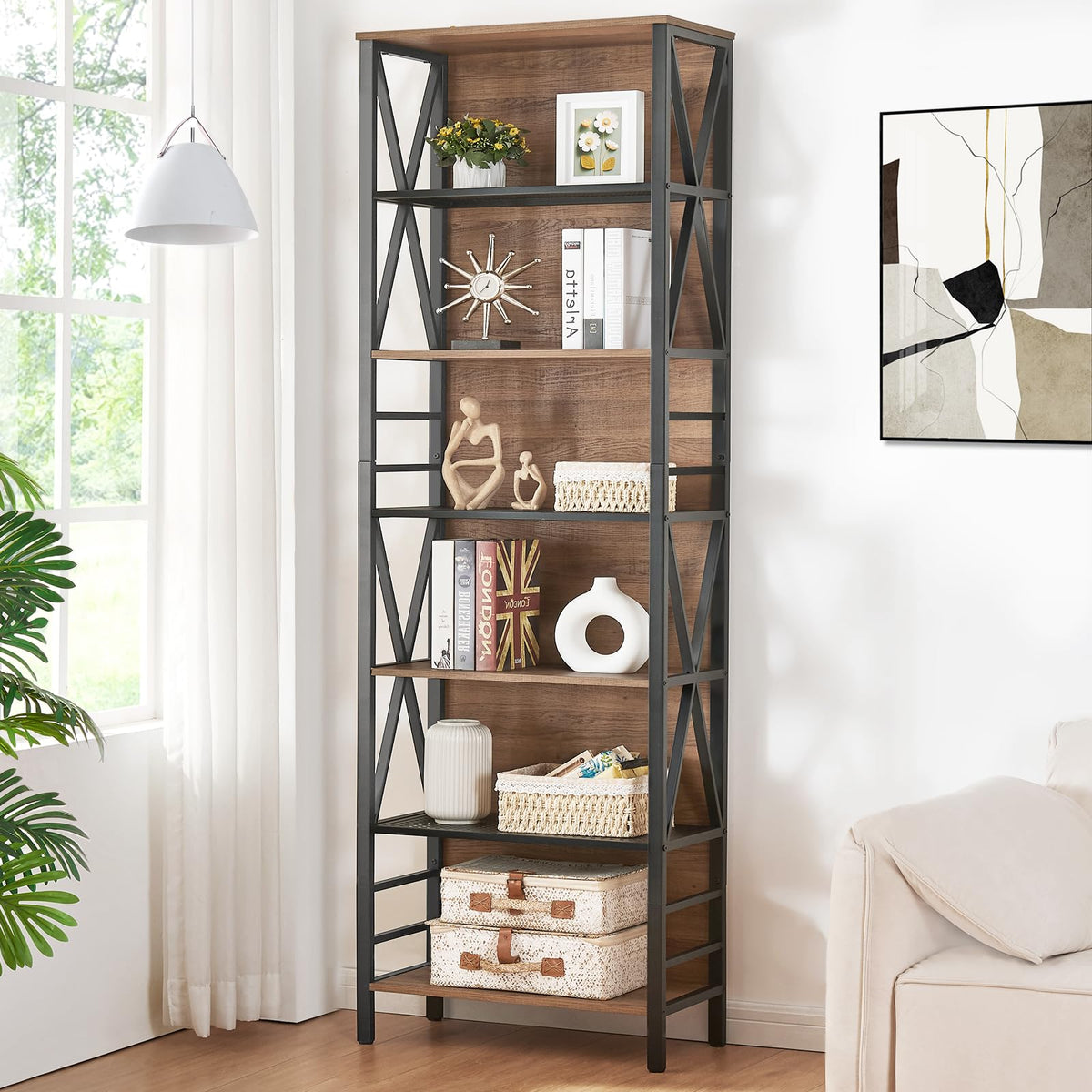 7-Tier Rustic Wood Metal Bookshelf P656