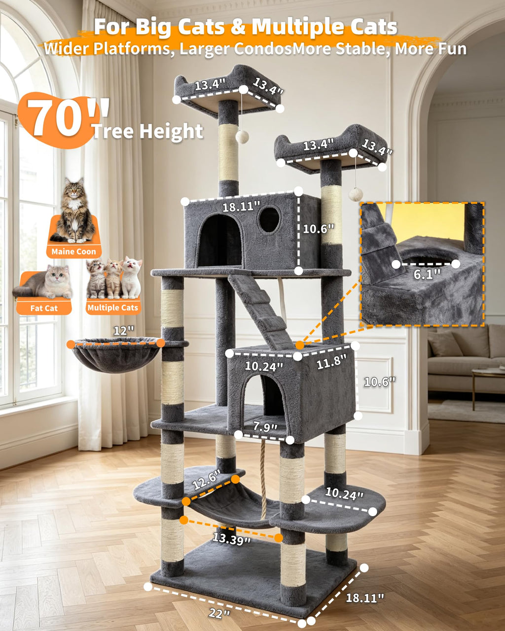 70" Cat Tree with 2 Condos and Wide Perches, Gray I3051