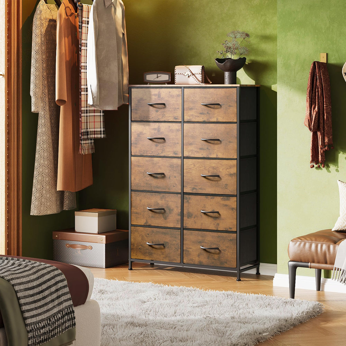 Rustic Brown Wood Grain Print Tall Dresser C55421