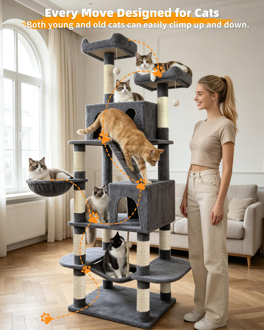 70" Cat Tree with 2 Condos and Wide Perches, Gray I3051