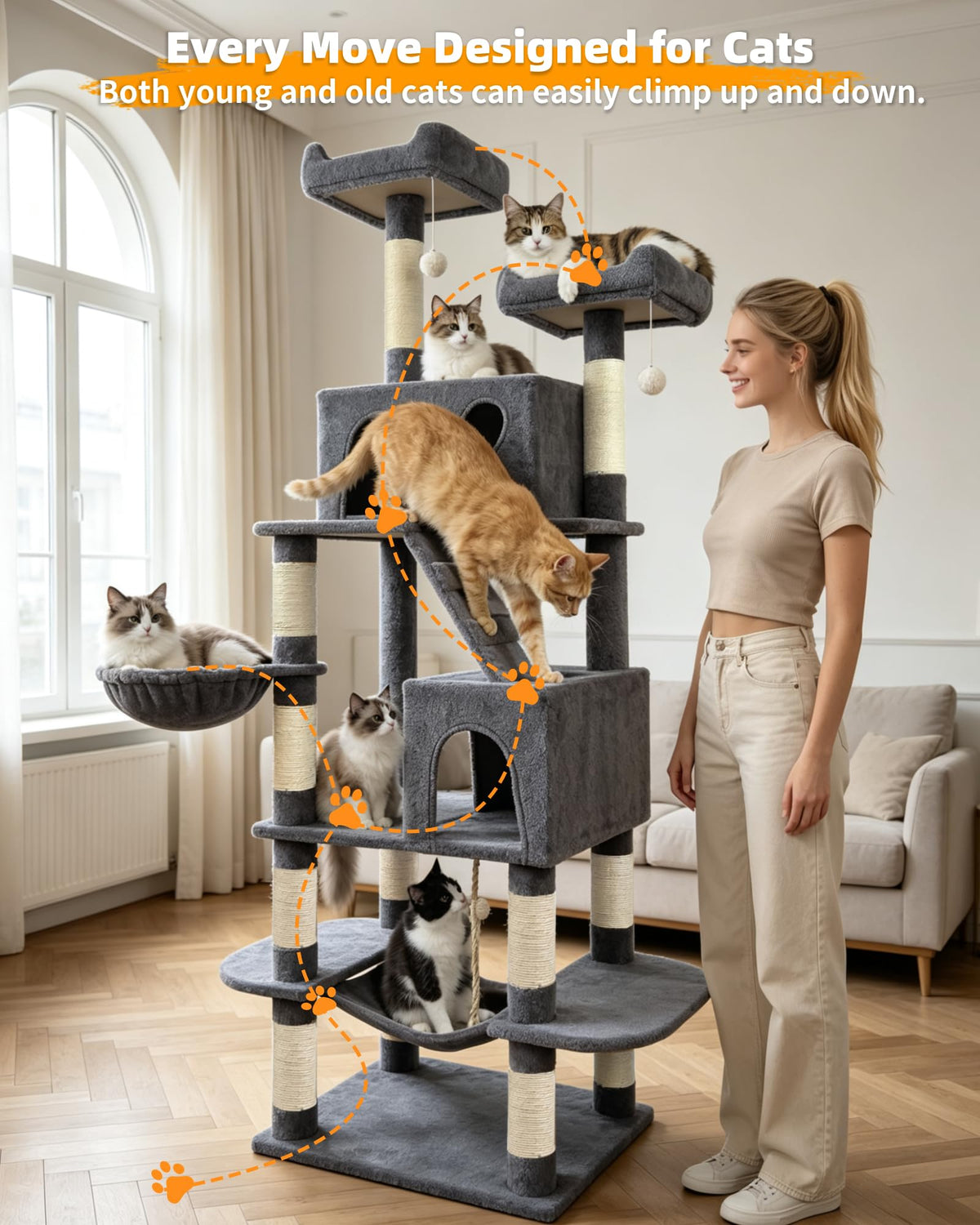 70" Cat Tree with 2 Condos and Wide Perches, Gray I3051