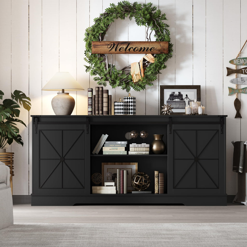 Black Farmhouse TV Stand with Storage Cabinets & Sliding Barn Doors D6263