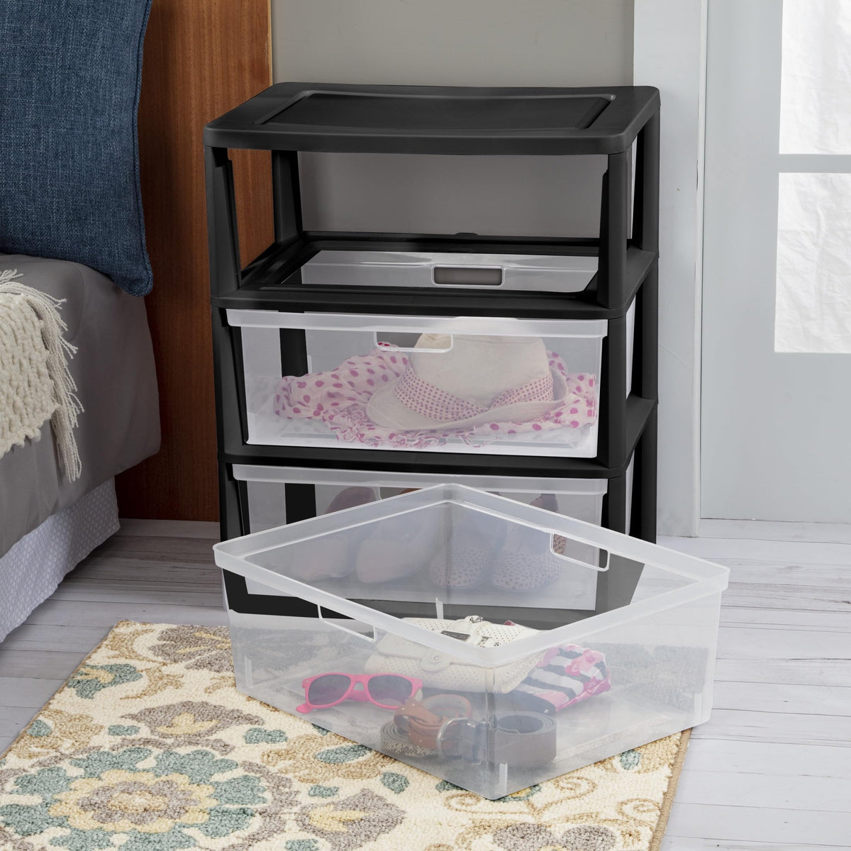 Wide Plastic 3-Drawer Storage Tower with Removable Clear Drawers B495