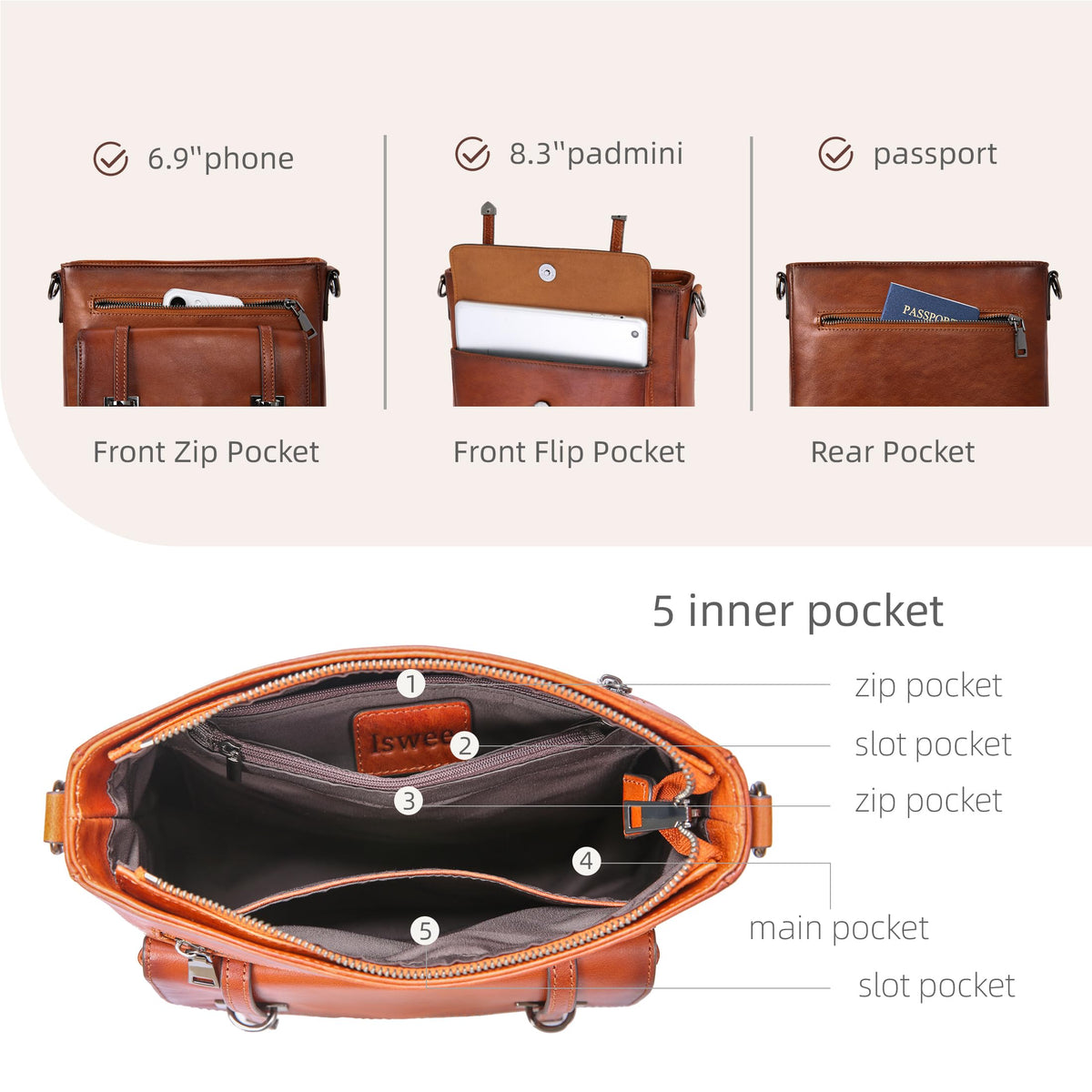 Soft Leather Crossbody Bags with Multi Pockets D789