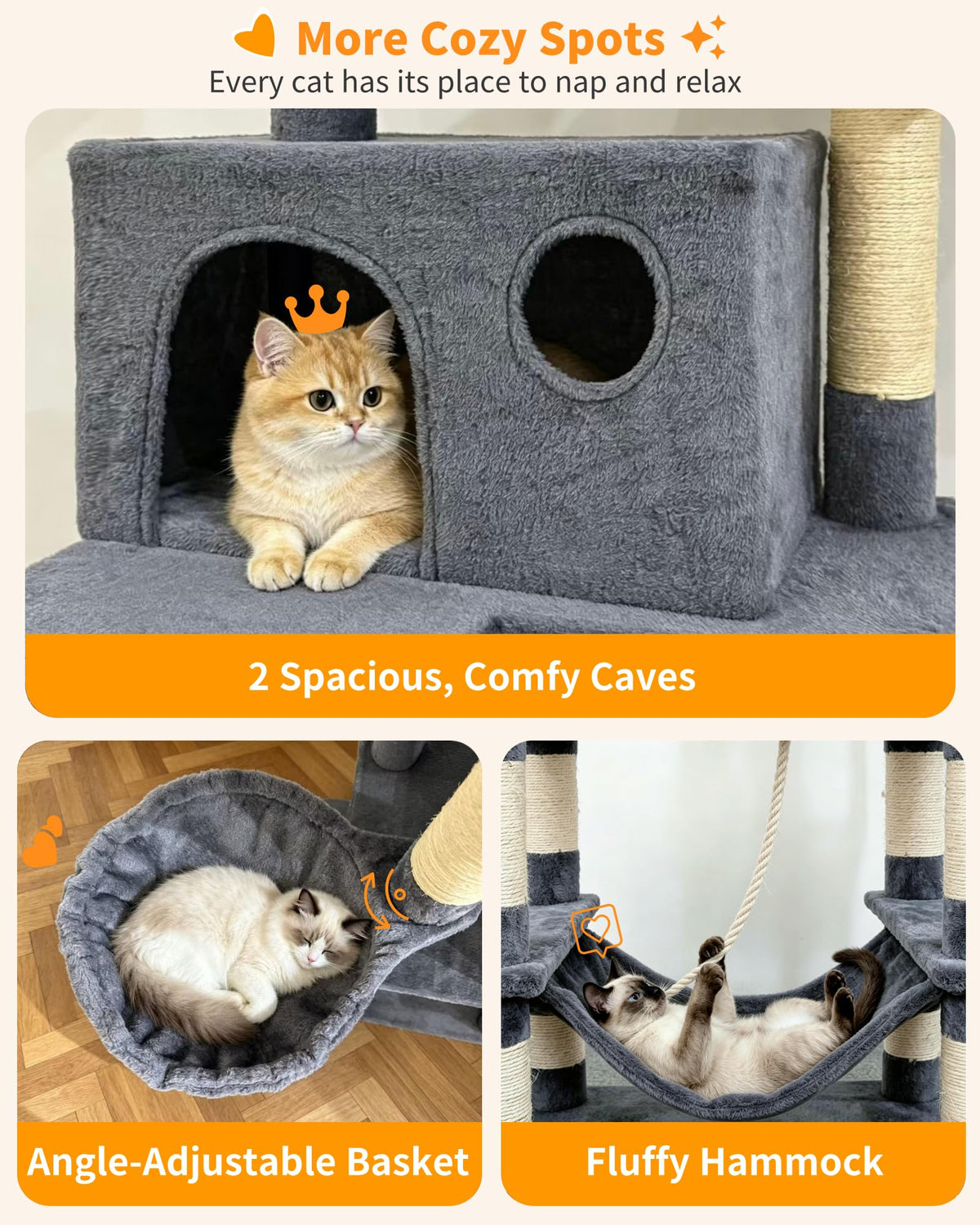 70" Cat Tree with 2 Condos and Wide Perches, Gray I3051
