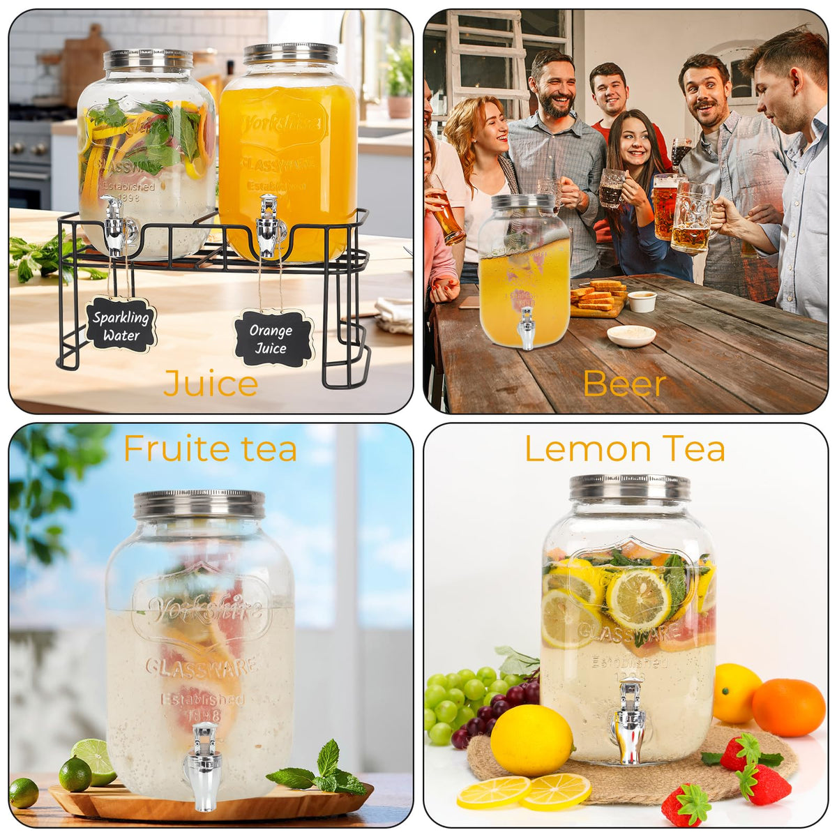 2 Pack 1 Gallon Glass Drink Dispensers with Stand L5921