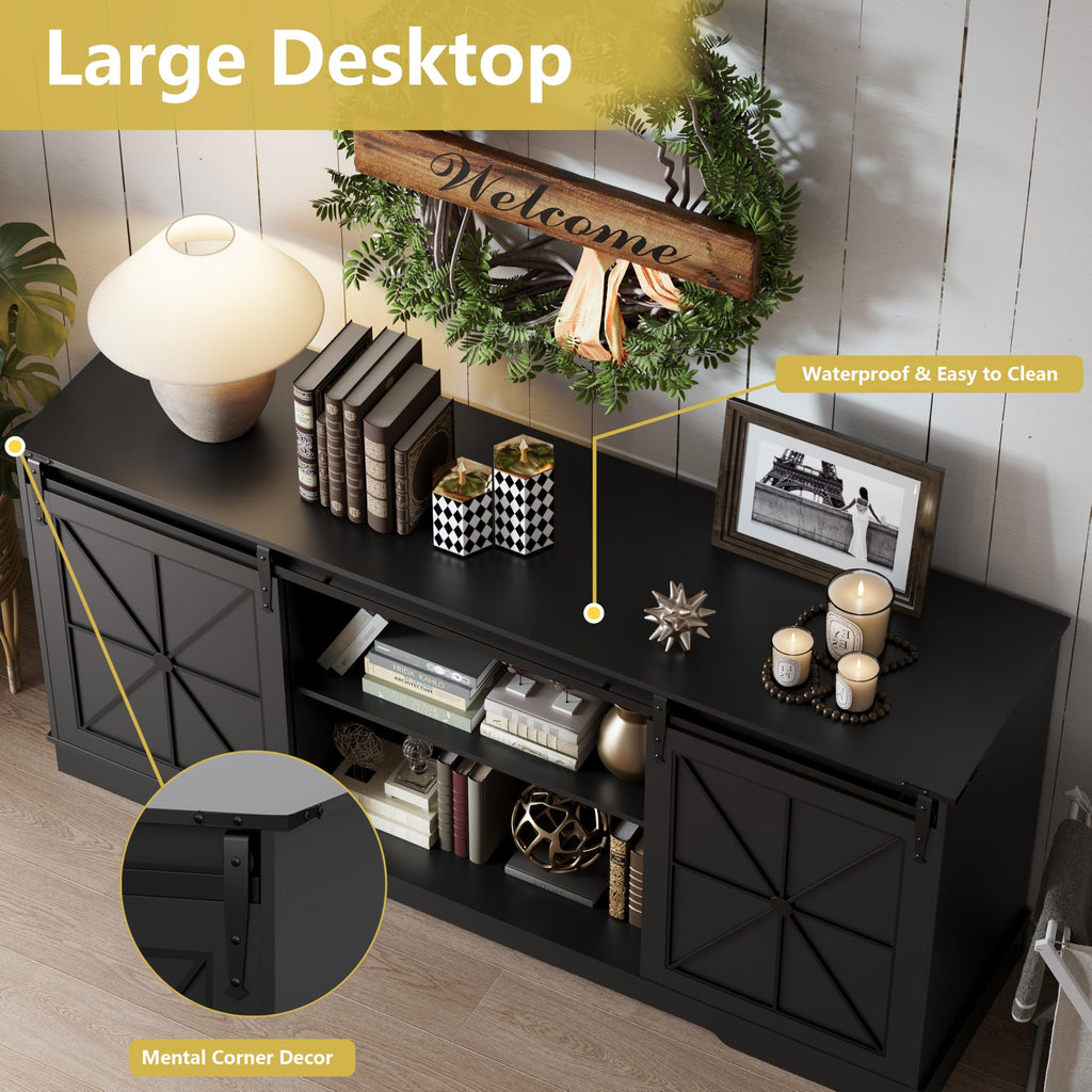 Black Farmhouse TV Stand with Storage Cabinets & Sliding Barn Doors D6263